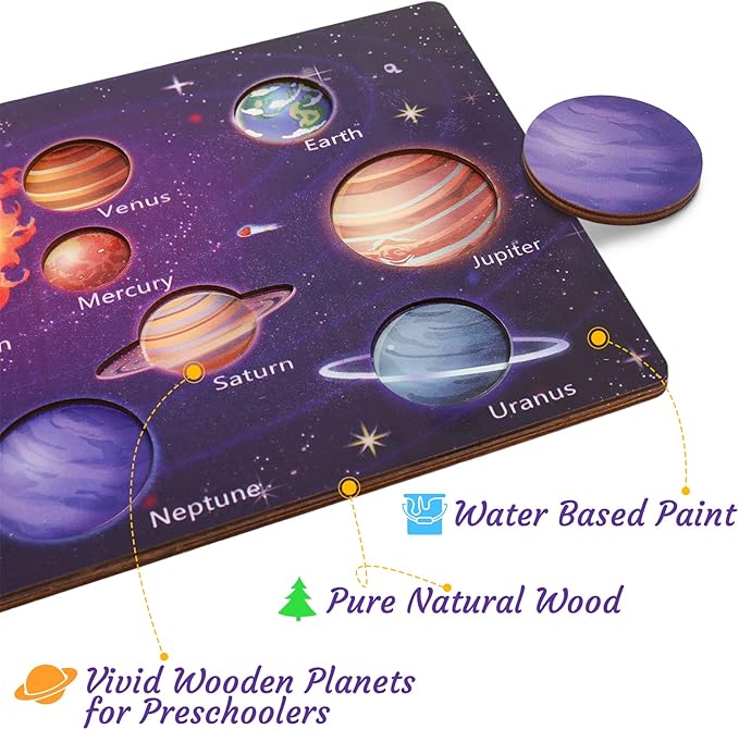 Zeoddler Upgrated Solar System Puzzle for Kids 3-6, Wooden Space Toys, Planets for Kids Preschool Learning Activities, Gift for Boys, Girls