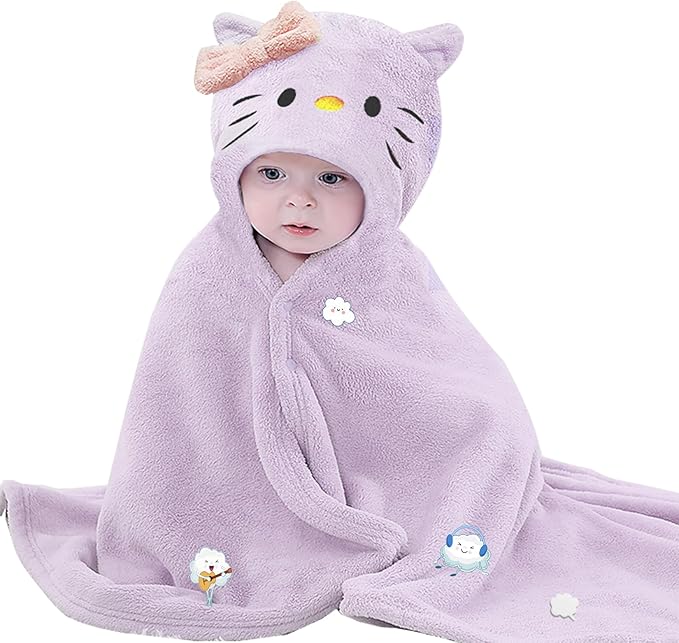 Toddler Baby Bath Towel with Hood 27.5"X55" Ultra Absorbent Soft Cozy Comfort Bathrobe Blanket, 0-6 Years Infant Shower Towel for Girls & Boys(Purple-Cat)