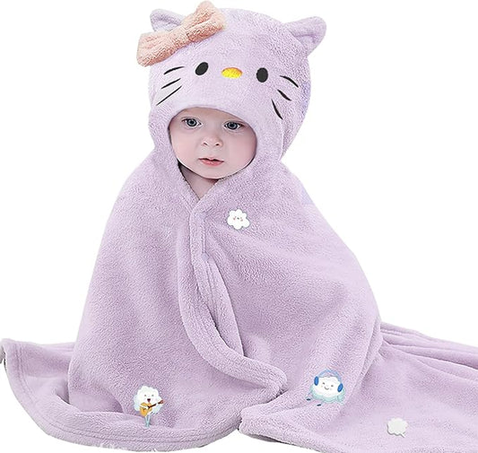 Toddler Baby Bath Towel with Hood 27.5"X55" Ultra Absorbent Soft Cozy Comfort Bathrobe Blanket, 0-6 Years Infant Shower Towel for Girls & Boys(Purple-Cat)