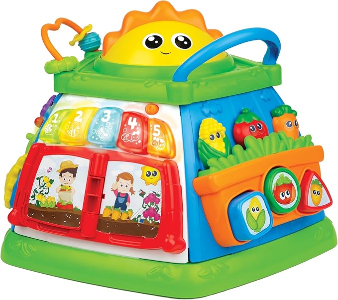 winfun Lil Greenthumb Activity Cube for Babies 6 Months+ | Educational Toy with Lights, Music, Shape Sorter, Spinners, Sliding Animals | CPS Stage 2 Learning Toy | Battery Operated Fun