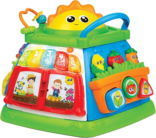 winfun Lil Greenthumb Activity Cube for Babies 6 Months+ | Educational Toy with Lights, Music, Shape Sorter, Spinners, Sliding Animals | CPS Stage 2 Learning Toy | Battery Operated Fun