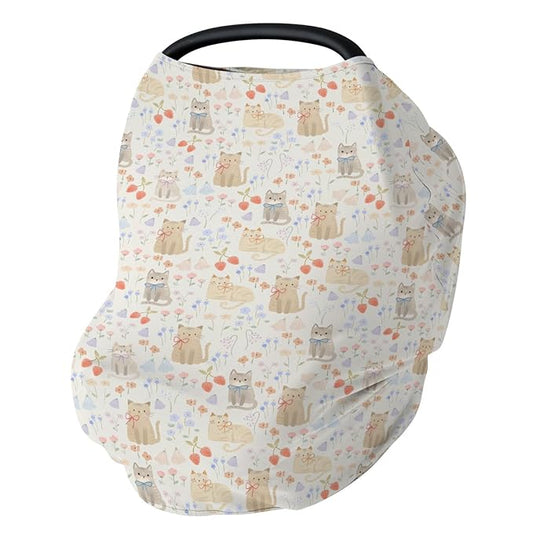 Boho Cats Bows Strawberries Flowers Car Seat Cover for Babies Cute Kittens Meadow Floral Stretchy 5-in-1 Cover Adjustable Car Canopy Cover Cat Lovers Gift Breathable Nursing Cover-Up
