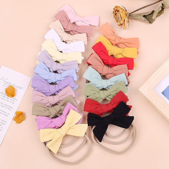jollybows 20pcs Baby Girls Cotton Hair Bows Headbands Nylon Hair Bands Elastic Hair Accessories for Newborn Kids Infants Toddlers