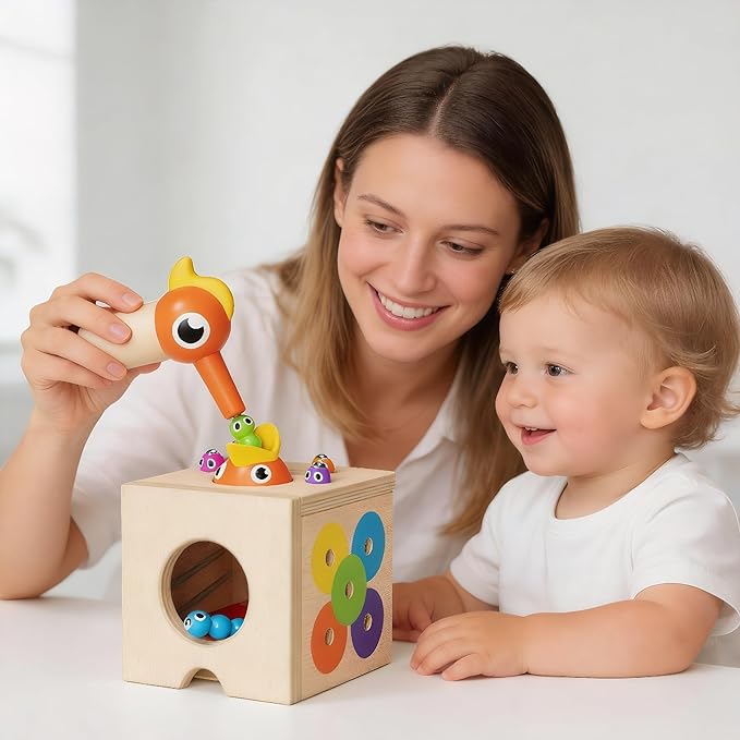 5 in 1 Montessori Toys for 2 3 Year Old Boys and Girls, Wooden Learning Toys with Object Permanence, Bird Feeding Game, Fine Motor Skills, Problem Sloving