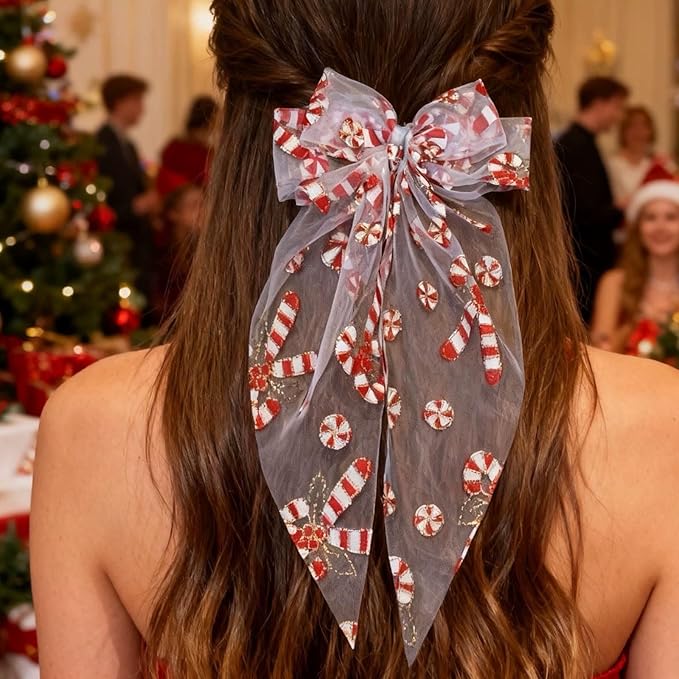 Christmas Bow Hair Clips for Women Girls, Red White Glitter Bow Hairpin, Santa Cane Alligator Clips with Long Tail, Festive Hair Accessories – Xmas Party Wedding Decorations(1 Pack)