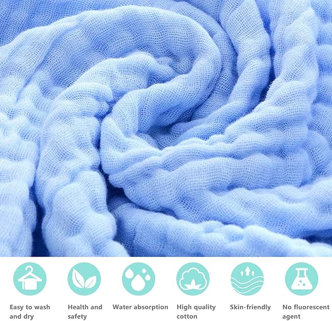 YEBON ProC 2Pcs Baby Muslin Bath Towels, Super Soft Cotton Bath Towel 6 Layers Infant Newborn Swaddle Blanket 41.3 X41.3 Inches,Baby Registry as Shower (Blue)