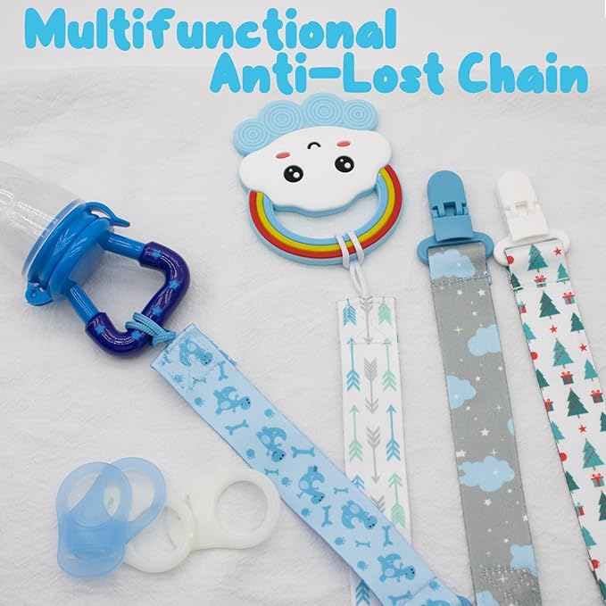 8 Pcs Dummy Clips Girls Baby Pacifier Holder Soother Clip Chain Straps with Plastic Clasp, Silicone Ring Adapter, Fit All Dummies & Soothers & Teething Toys, Newborn Essentials (Blue)