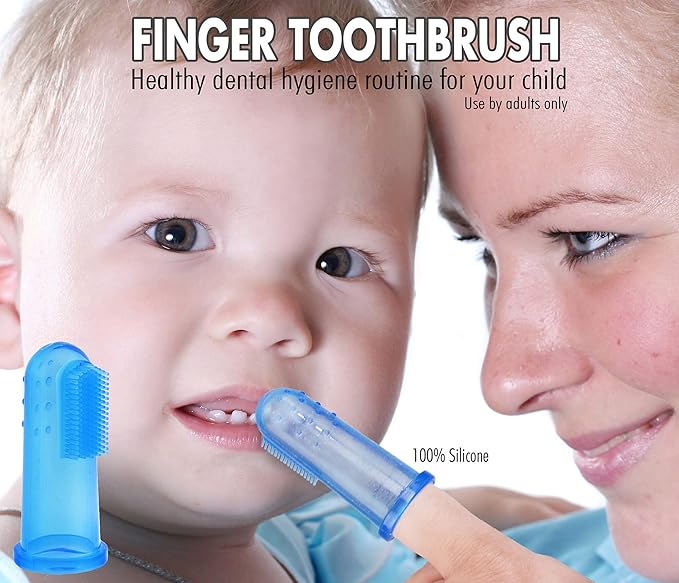 Brilliant Baby Finger Toothbrush w/Case, Age 3 Months Old and Up, Silicone Gum Massager Teether Brush for Babies and Toddlers, Blue