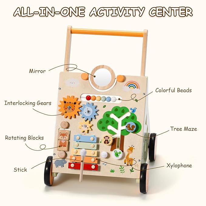 SainSmart Jr. Wooden Baby Walker, Adjustable Height and Speed Baby Push Walker, Montessori Activity Center for 6-12 Months, Push Walking Toys for 1 Year Old Boys Girls Learning to Walk, Animal Theme