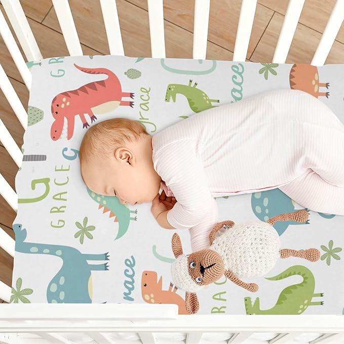 Customized Dinosaur Pack and Play Sheets for Baby Boys, Personalized Mini Crib Mattress Sheets with Monogram Name, Pack n Play Playard Fitted Sheet Playpen Sheet, Soft Breathable Stretchy