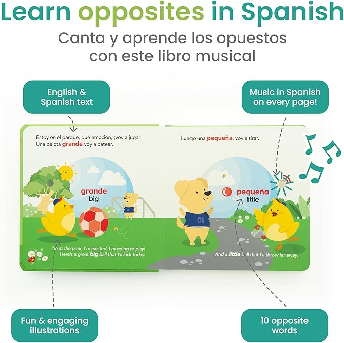Binibi Opuestos en el Parque – Bilingual Musical Sound Book for Kids 3–5, Learn Opposites in Spanish & English, Interactive Learning Book. Libro en Español para Niños.