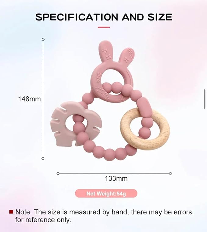 | Bohemian Teether | Baby Teether | Sensory Exploration and Teething Relief | 100% Food-Grade Silicone Teether Toy | BPA Free | Chewbeads | Silicone with Beechwood Ring | (Pink)
