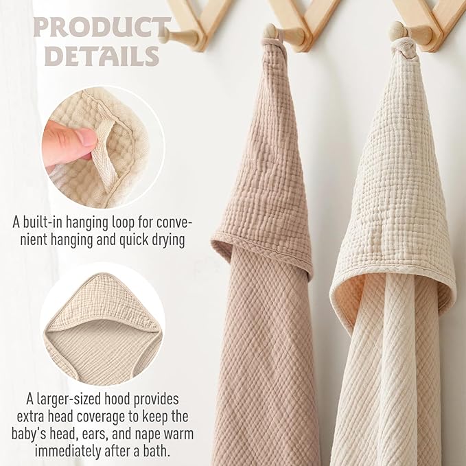 Cinaci 1pc Soft & Absorbent 100% Muslin Cotton Baby Hooded Bath Towel for Baby Girls Boys Newborns Infants Toddlers Kids (Khaki)