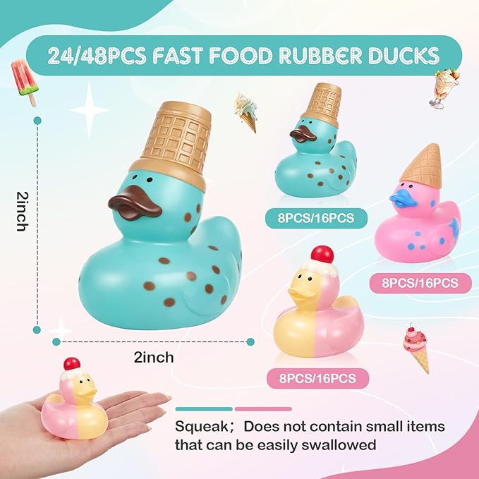 Deekin 24 Pcs Rubber Ducks Bulk 2 Inches Party Favors Assortment Rubber Duckies for Pool Party Decorations Cruise Ships Supplies (Ice Cream)