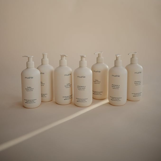 mushie Baby Shampoo & Body Wash | Gentle Formula for Delicate Skin | Certified Organic | Made in Denmark, 13.53 fl oz (Fragrance Free)
