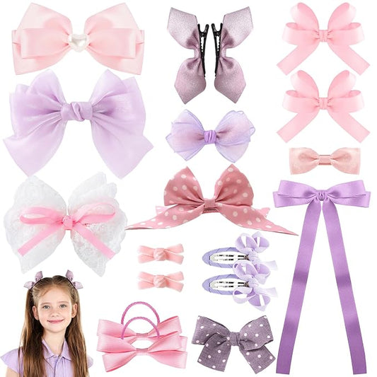 18pcs purple & pink hair bows for girls. cute bows with alligator clips, bow hair ties, snap-clip hairpins. Handmade hair accessories gift set for girls.