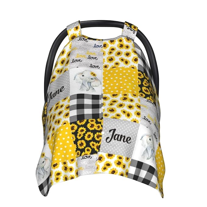 Personalized Elephant and Sunflower Plaid Baby Car Seat Canopy for Babies with Name, Customized Stroller Car Seat Covers for Girls Boys, Minky Nursing Carseat Cover for Breastfeeding, Newborn
