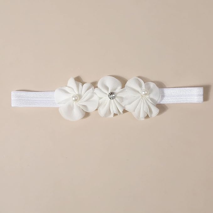 Baby Girls Hairband White Bow Lace Headbands Handmade Soft Stretchy Wide Head Band Newborn Hairbands with Bows Pearls Elastic Headband for Infant Hair Accessories（Three Flowers）