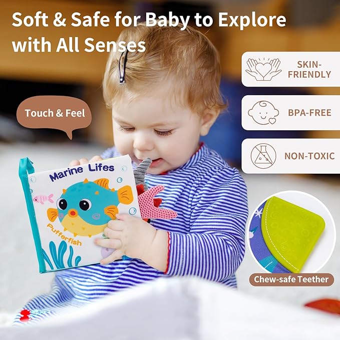 Love&Mini Baby Cloth Book Toys - Ocean Shark Crinkle Book with Teether, Touch & Feel Soft Books for Babies 6+ Months, Sensory Early Learning Toys, Baby Shower Gifts for Boys & Girls
