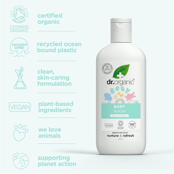 Dr Organic Calendula Baby Wash, Fragrance Free, Gentle Cleansing, Sensitive Skin, Natural, Vegan, Cruelty-Free, Paraben & SLS-Free, Organic, 250ml