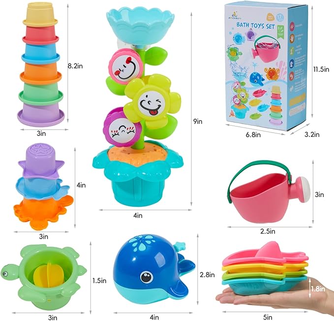 Bath Toys for Kids Ages 1-3 17PCS Fun and Easy-Grip Mold Free Baby and Toddler Bath Toys Set, Interactive Flower and Watering Can Bathtub Pool Water Table Toys for 1+ Year Old Boys Girls Gifts