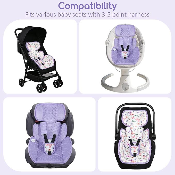 Infant Car Seat Insert with 3 Straps Covers, Ultra-Thick Baby Car Seat Head Support for Side Impact Protection, Minky Dot Baby Car Seat Cushion, Universal Purple Carseat Head Support for Newborn