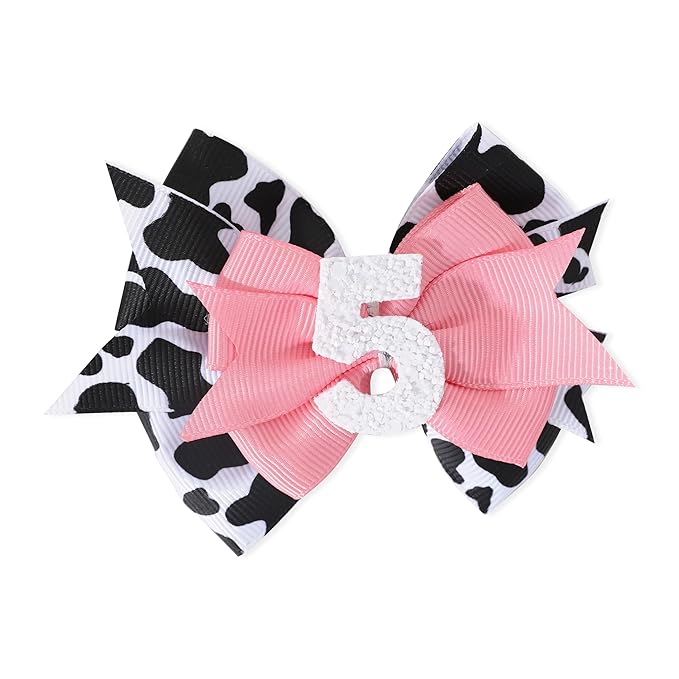 Cow Print Bow Headband for Baby Girl 5th Birthday Party Decorations, Pink Bow Headband, Farm Animal Themed Party Decor, Medium Sized, 1 Count