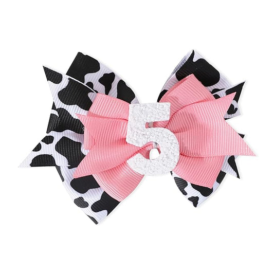 Cow Print Bow Headband for Baby Girl 5th Birthday Party Decorations, Pink Bow Headband, Farm Animal Themed Party Decor, Medium Sized, 1 Count
