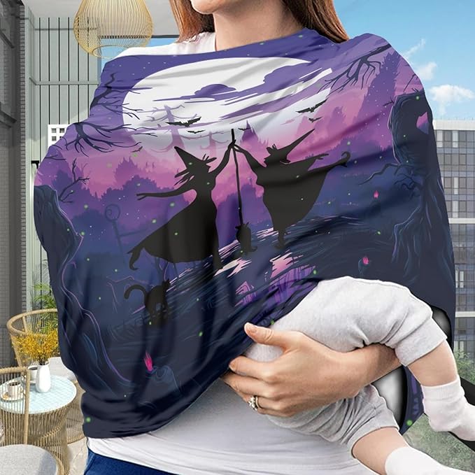 Coldinair Halloween Witch Print Nursing Cover for Breastfeeding - Purple Sunset Branch and Bats Pattern Nursing Carseat Canopy Cover for Baby Boys Girls