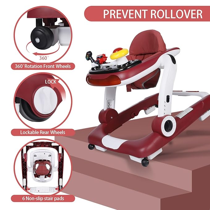 Kinder King Baby Walker with Music & Lights, 5 in 1 Baby Activity Walker with Wheel, Adjustable Height & Seat, Learning-Seated & Toddler Walk-Behind, Safety Bumper, Infant Walker Anti-Rollover, Red