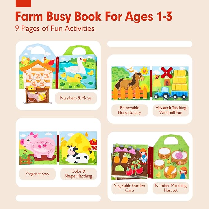 hahaland Busy Book for Toddlers 1-3 - Farm Animals Quiet Busy Board for 1 Year Old, Montessori Toys for 1 Year Old Boy Girl Gifts, Educational First Activity Books Felt Learning Board Baby Travel Toys
