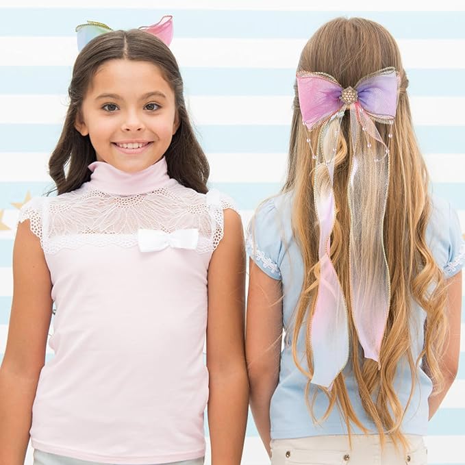 Qianyu 2 PCS Hair Bows for Girls Colorful Little Princess Lace Mesh Hair Clips Extended Ribbon Can Braid Summer Rainbow Bows Alligator Clips for Toddlers Baby Girls Kids Teens (Purple+Blue)