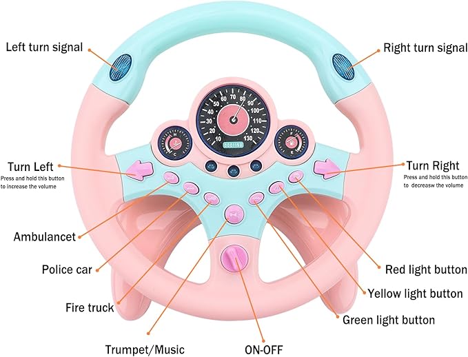 deAO Kids Steering Wheel for Backseat with Key Baby Toys Pretend Driving Simulated Steering Wheel Toy with Light and Music Gifts for Kids Toddlers (Pink)