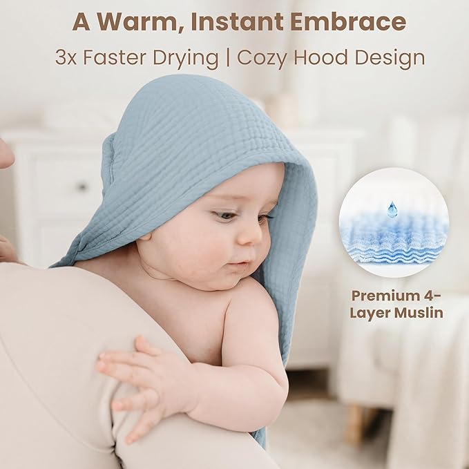 Konssy 2-Pack Muslin Hooded Baby Towels, 100% Cotton, Ultra-Soft & Absorbent Baby Bath Towels with Hood for Newborn & Infant (Blue, Blue Whale, 32" x 32")