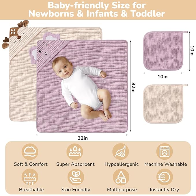 4 PCS Muslin Baby Bath Towels Set, 100% Cotton 2 PCS Animal Hooded Baby Towels 32x32 Inch & 2 PCS Washcloths, Ultra Absorbent & Soft Infant Newborn Essentials Gifts for Boys & Girls, Elephant & Deer