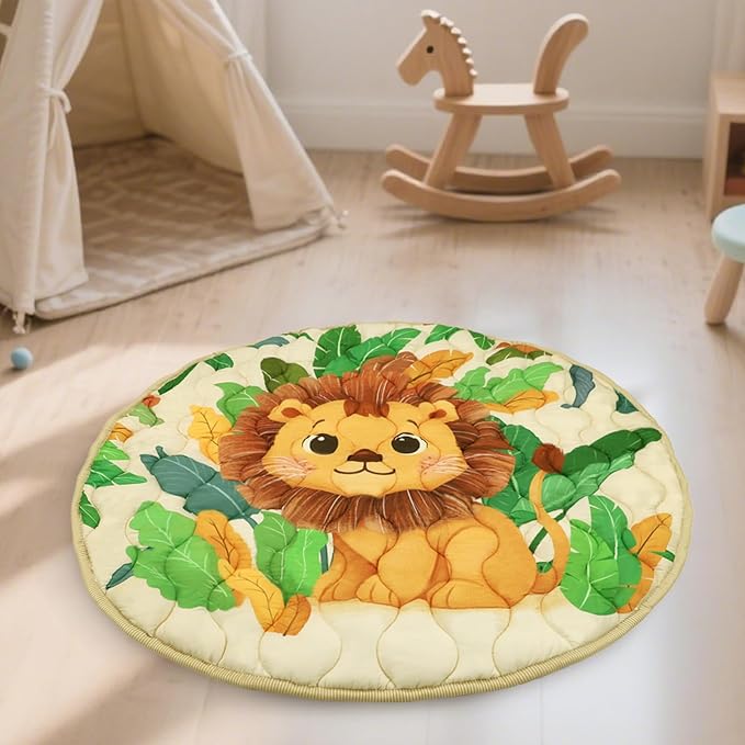 Baby Round Play Mat, Premium Thicker Foam Baby Mat for Floor, Tummy Time Foldable Baby Foam Play mat for Babies, 40 * 40 Round Anti-Slip Activity Mats for Infant and Toddler, Lion