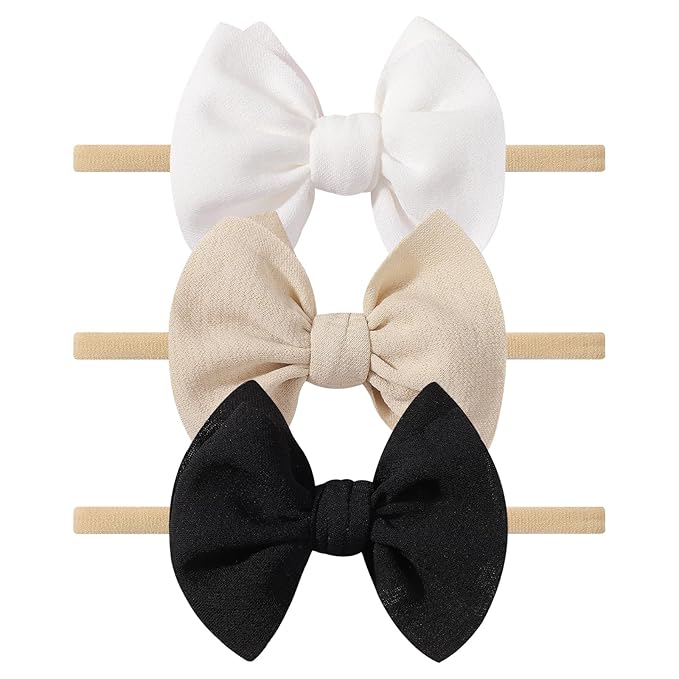 yoyokid 3PCS 4" Baby Girls Bow Headband, Elastic Nylon Hairbands Soft Baby Hairbands with Bows Hair Accessories for Newborn Infant Toddler, Beige Black White