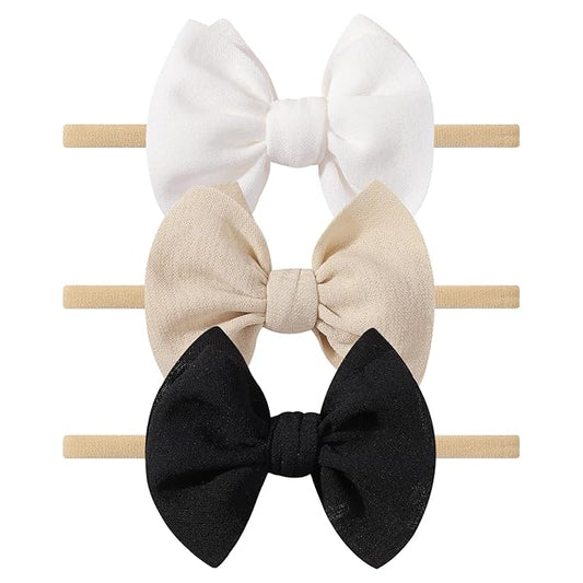 yoyokid 3PCS 4" Baby Girls Bow Headband, Elastic Nylon Hairbands Soft Baby Hairbands with Bows Hair Accessories for Newborn Infant Toddler, Beige Black White