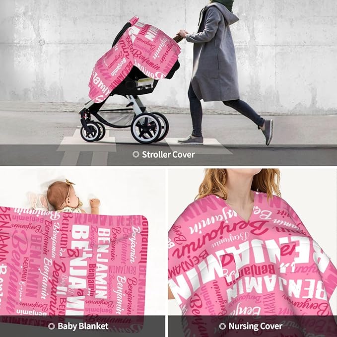 Personalized Baby Car Seat Canopy for Babies, Custom Name Baby Car Seats Covers for Girls, Opening Minky Nursing Breastfeeding Cover for Infant, Carseat Canopies for Newborn (Pink)