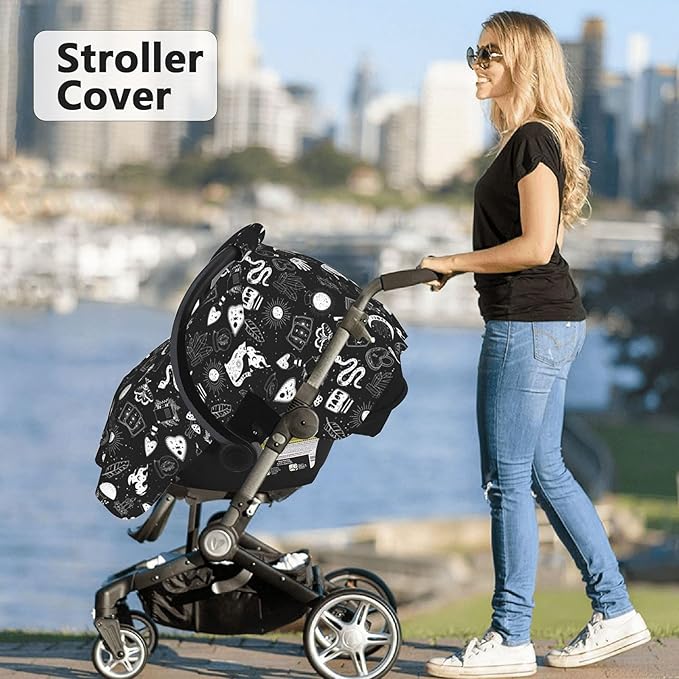 Goth Carseat Covers Baby, Gothic Winter Carseat Cover for Baby, Minky Baby Car Seat Cover for Boy & Girl, Peekaboo Opening Car Seat Canopy for Newborn, Multi Use Mom Nursing Cover, Gothic