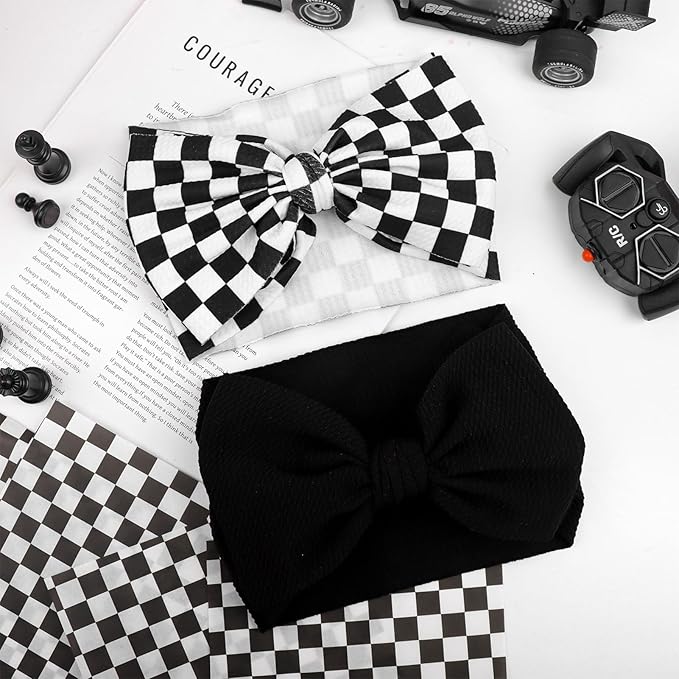 YanJie 2PCS 7’’ Black Bows for Baby Girls Checkered Headband White Bow Infants Toddler Hair Accessories Newborn Headbands Hair Bow Baby Clothes