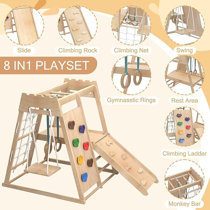 8-in-1 Indoor Playground, Indoor Jungle Gym for Toddlers, Kids Climbing Toys Indoor, Wooden Montessori Climber Playset with Swing, Slide, Monkey Bar, Wood Ladder, Climbing Net,Gymnastic Rings