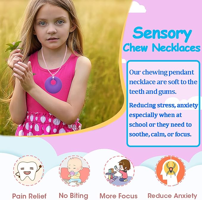 Chewy Necklaces for Sensory Kids, Boys and Girls, Silicone Dinosaur Chewy Necklaces for Autism, ADHD, SPD, Chewable Oral Motor Pendant for Chlidren