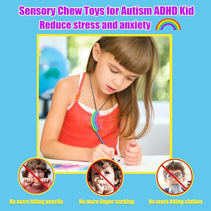 Chewy Necklace Sensory, Seeway Rainbow Bridge Chew Necklaces for Sensory Kids, Sore Gums Pain Relief, Silicone Chewy Oral Motor for Autism, Chewing, Anxiety, Biting Needs