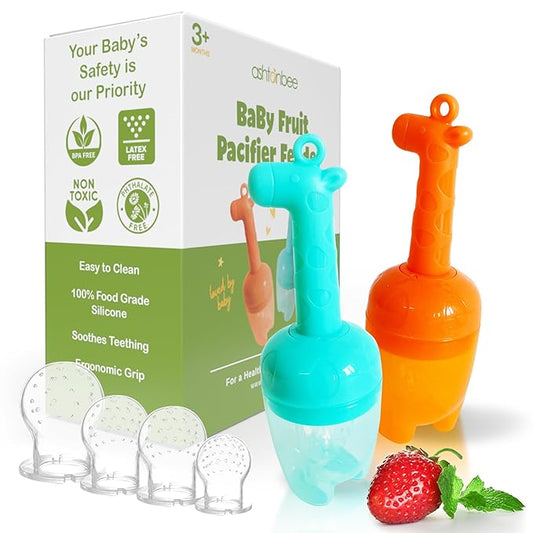 Baby Fruit Feeder, Teething Pacifier for Fruits, Veggies, or Frozen Milk, Food-Grade Silicone Teethers for Babies 6-12 Months, Baby Essentials for Teething Relief - Mango Orange and Berry Blue