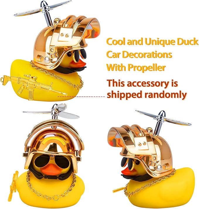 wonuu Rubber Duck Car Ornaments Cool Yellow Duck Car Dashboard Decorations Squeaky Glasses Duck with Propeller Helmet for Car ccessories Dashboard (Y-Gold)