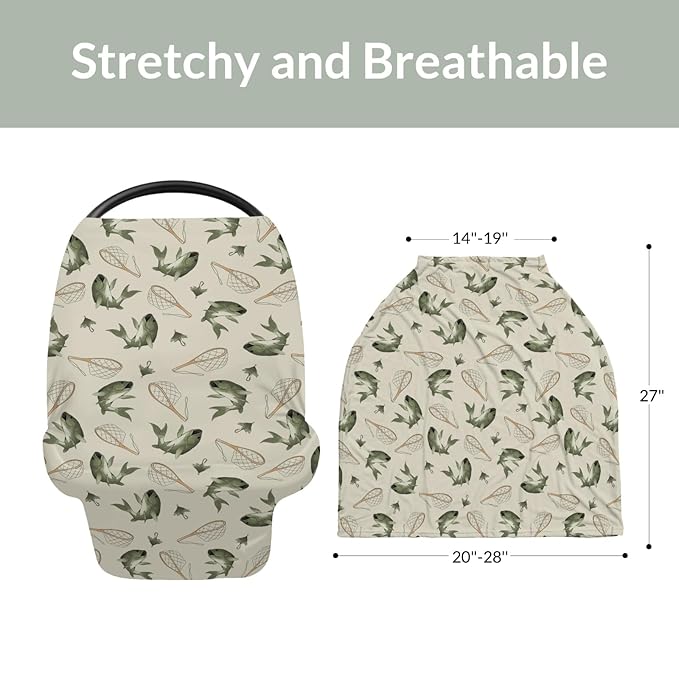 Gone Fishing Baby Car Seat Covers Vintage Bass Fishes Net Lake Stretchy 5-in-1 Cover Adjustable Infant Carseat Canopy Cover Fishing Lovers Gift Nursery Breathable Nursing Cover-Up
