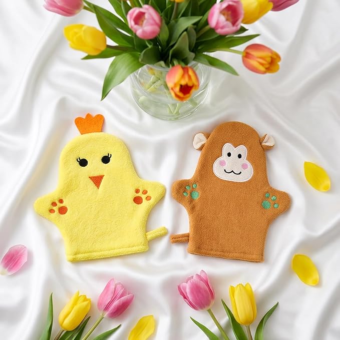 2PCS Baby Bath Mitt Washcloths Gloves Monkey Chicken Toddler Soft Washcloths for Kids Designed in Cute Animal Towel Gentle Scrub for Baby Girl Boy Bath Shower