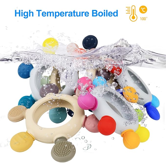 Baby Teething Toys Silicone Teethers BPA Free Silicone Rudder with Wooden Ring Soothe Babies Gums (Rainbow)