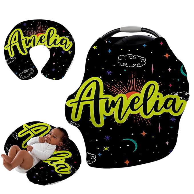 Custom Name Car Seat Canopy - Baby Car Seat Covers, Infant Stroller Cover, Bright Green Star Carseat Canopy Christmas Birthday Gifts for Girls and Boys